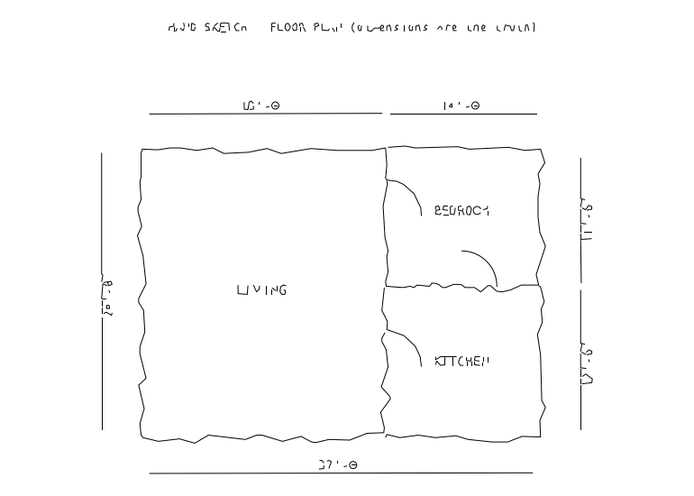 Output: the same floor plan as DXF linework. Walls, door swings and dimension lines are traced. The lettering is traced as strokes rather than text.
