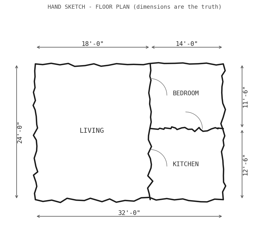Input: a raster image of a hand-sketched floor plan with a living room, bedroom and kitchen, and dimensions of 18 feet, 14 feet, 24 feet and 32 feet.